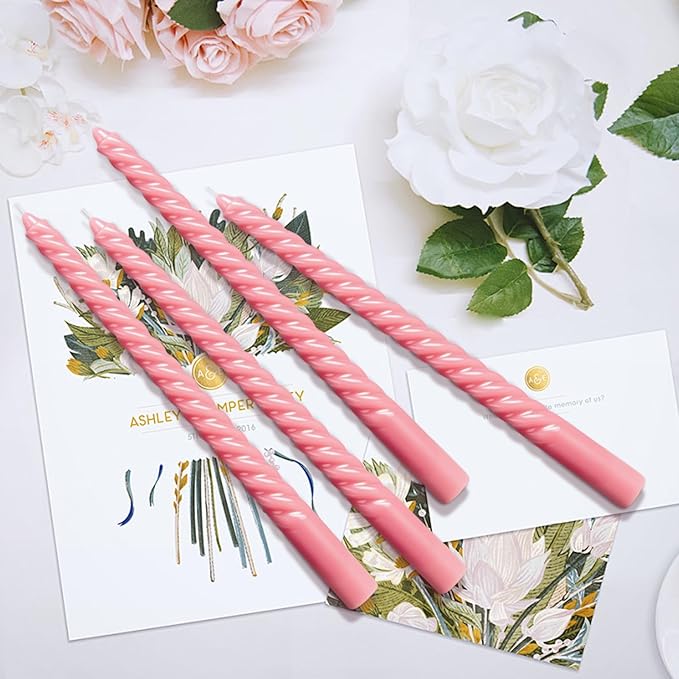 Tobeape Pink Twisted Taper Candles Set of 12, 10 Inch Tall Unscented Dripless, Smokeless Spiral Tapered Candlestick for Wedding Home Décor Dinner Birthday Party Valentine's Day - 8 Hour Long Burning