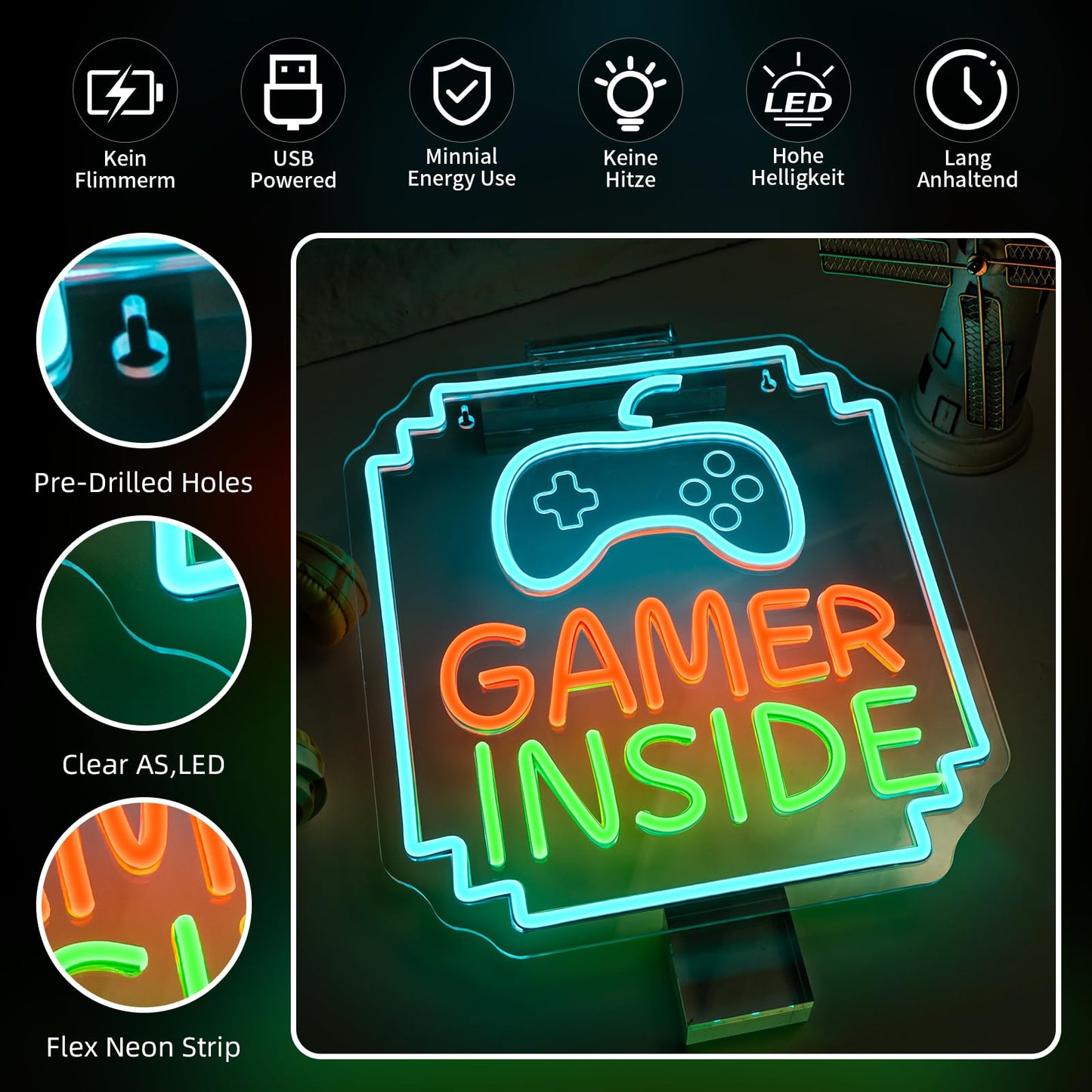 VVYXX Gamer Inside Neon Sign Game Controller LED Sign for Gaming Room Decor Best Gamer Gifts for Boys Kids Game Neon Sign for Teen Boy Room Decor