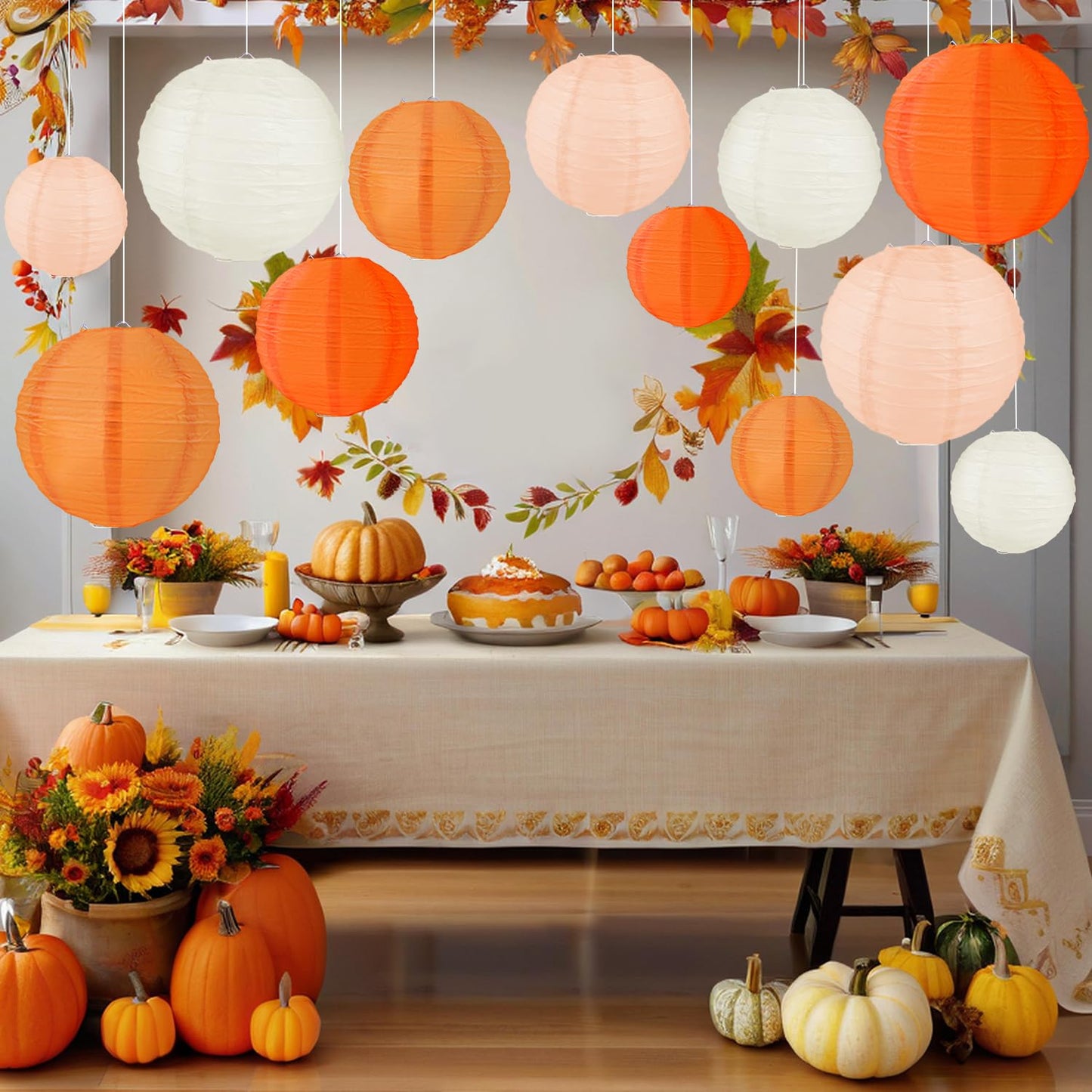 FUGUIR Fall Paper Lanterns, Orange Peach Cream Thanksgiving Party Hanging Paper Lanterns for Fall Festival Wedding Baby Shower Birthday Party Supplies (12 PCS)