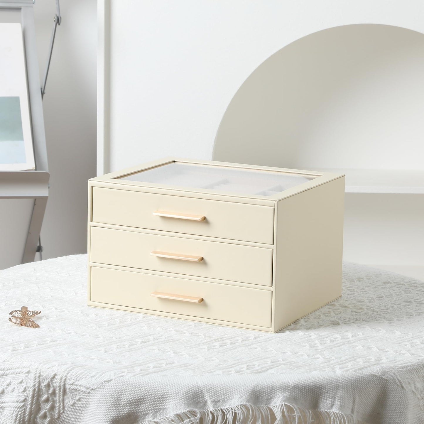 Frebeauty Clear Lid Jewelry Box,3-Layer Jewelry Organizer with Drawer,PU Leather Jewelry Organizers and Storage,Jewelry Boxes for Women,Jewelry Storage for Rings Earring Stud,Gift for Women(Beige)