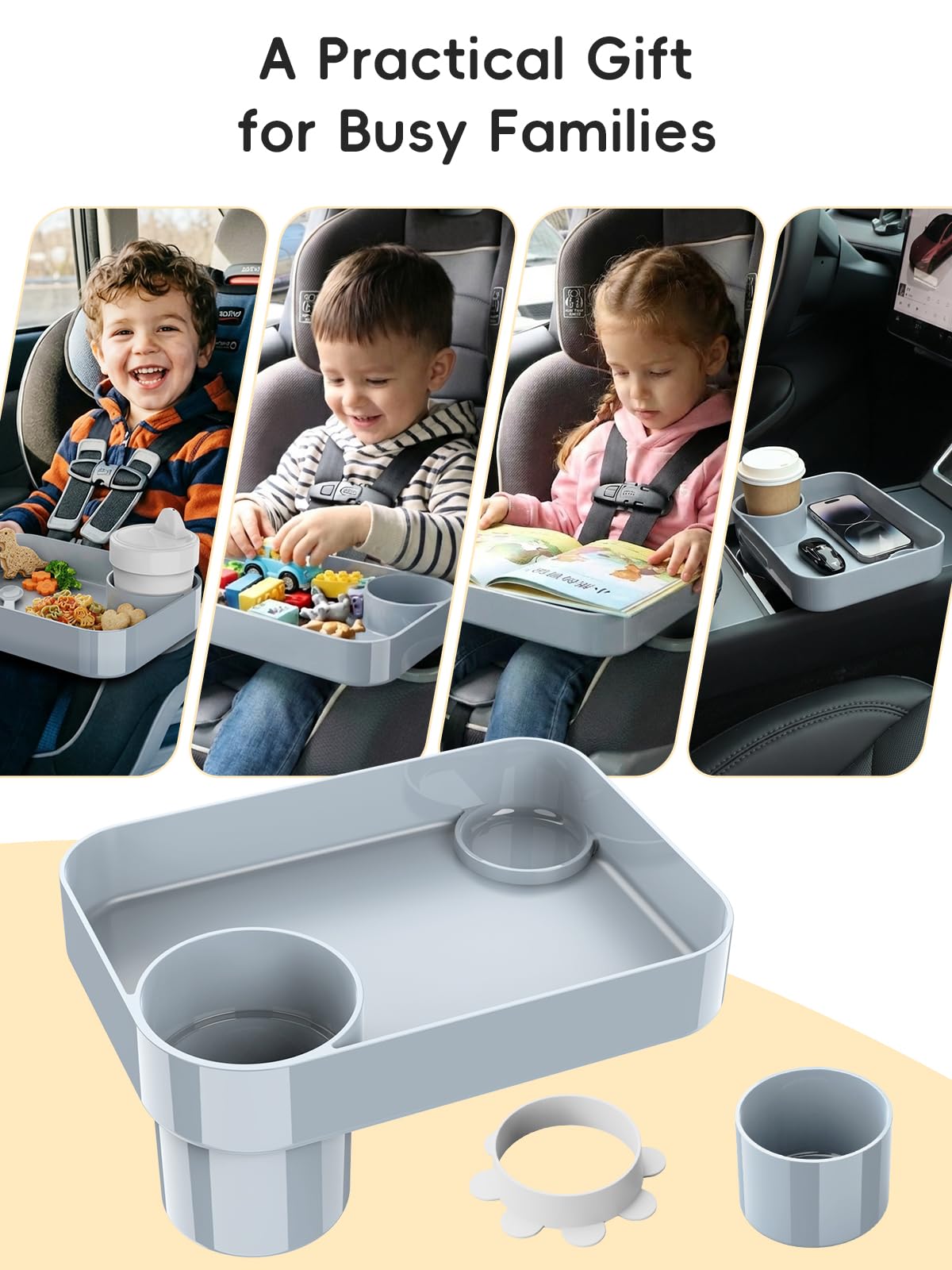 BBSDA Car Seat Cup Holder Snack Tray for Kids, Reduces Mess, Detachable Large Base & Adjustable Ring, Carseat Tray for Toddler, Car Seat Food Tray Table for Kid Travel Road Trip Essentials -Light Gray