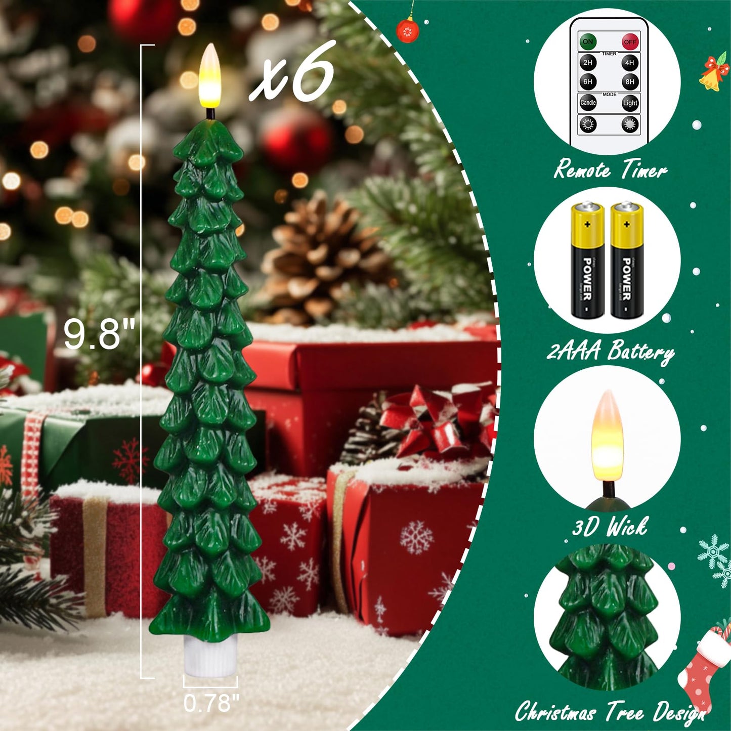 KunSwenn Flameless Christmas Tree Candles, Christmas Tree Taper Candles Battery Operated with 2 Remote, Set of 6 Real Wax 9.8 Inch LED Tree Candlesticks for Home Xmas Holiday Winter Decor