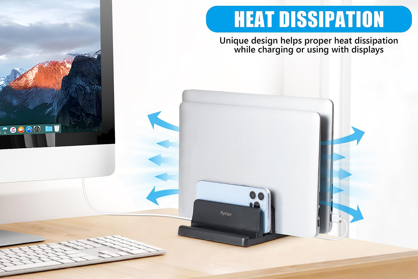 Ryvlan Vertical Laptop Stand, 3 Slot Adjustable Laptop Storage Rack and Desk Organizer, Silicone-Padded Holder for Multiple Devices Storage, Compatible Stand for Tablets and Devices up to 17 Inches