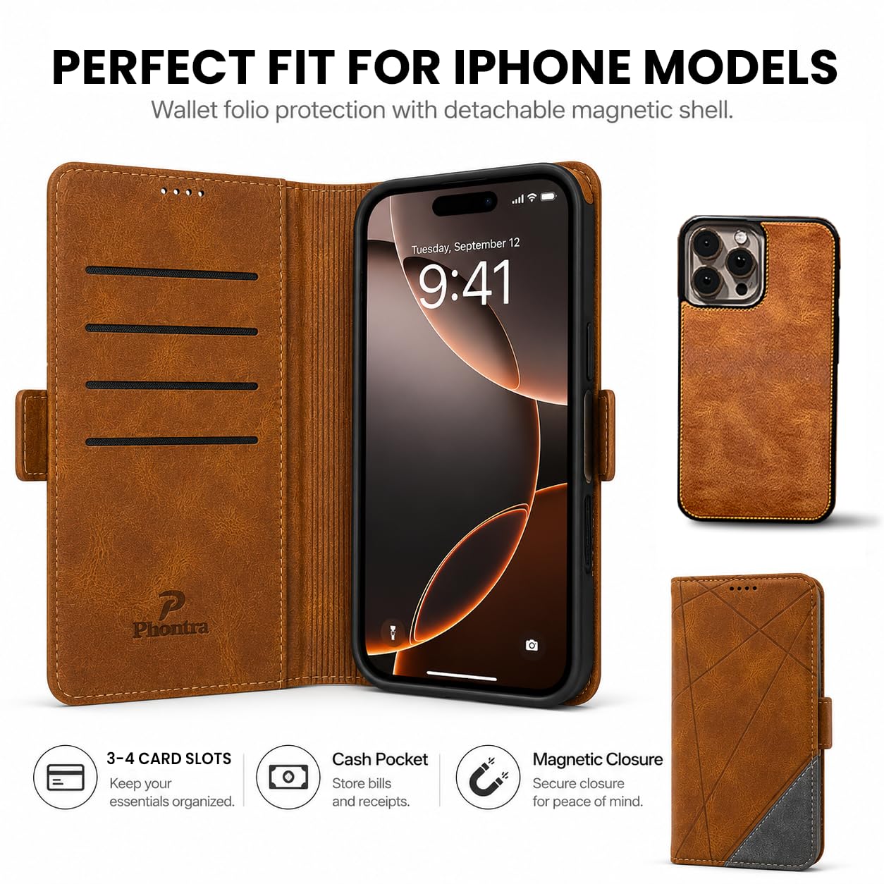 EMF Protection Anti Radiation Cell Phone Wallet Case for iPhone, EMF Blocker Genuine Leather Flip Folio Phone Cover, RFID Blocking Card Holder, MagSafe Case Wallet (Brown/Gray, iPhone 15 Pro Max)