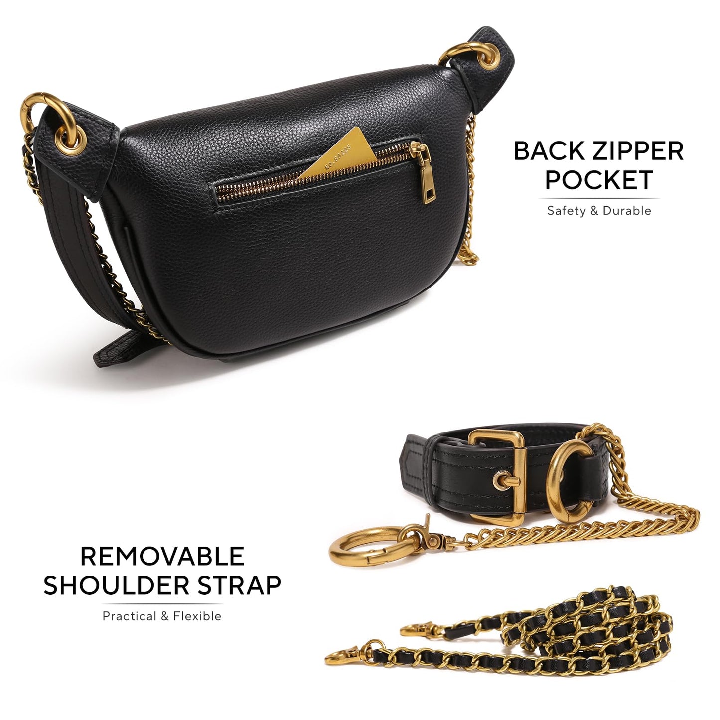 ITAMOOD Minimalist Leather Bum Bags for Women Crossbody, Lightweight Fanny Pack, Clean Design Belt Sling Bag for Everyday City Travel with Chain Straps.