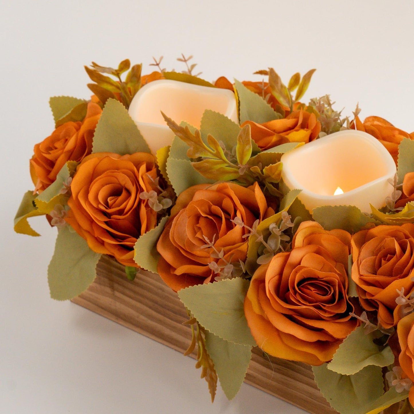 Lumeavetra Centerpiece Table Decorations with 3 Flameless Candle(Battery Not Included), Farmhouse Wood Tray Flower Decoration for Table Kitchen Living Room Wedding Décor