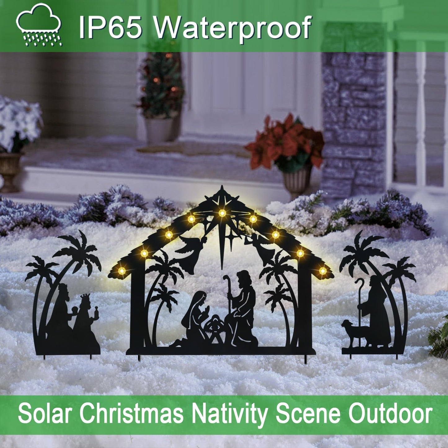 Hokfirm Solar Nativity Scene Outdoor,3Pack Lighted Outdoor Christmas Decorations,Metal Silhouette Nativity Set Outside for Yard Garden Stake
