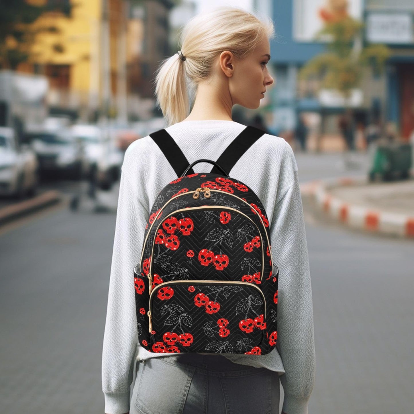 Mozuya Cherry Skull Backpack Purse for Women Girls Black Anti-theft Mini Fashion Travel Backpack with Zipper for College Travel S