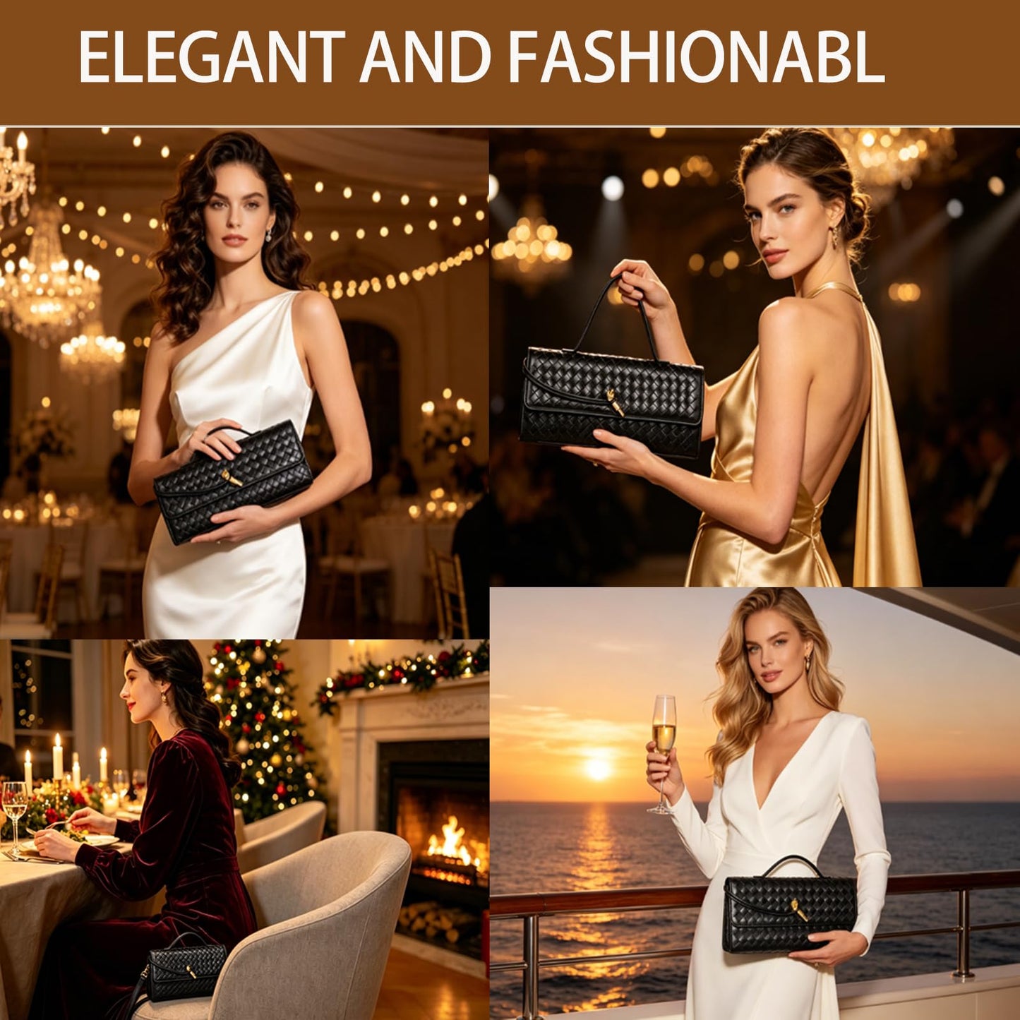 HRANRA Woven Clutch Purse for Women, Evening Handbags Crossbody Bag Purse Formal Evening Bag Clutch Bag Black Purse