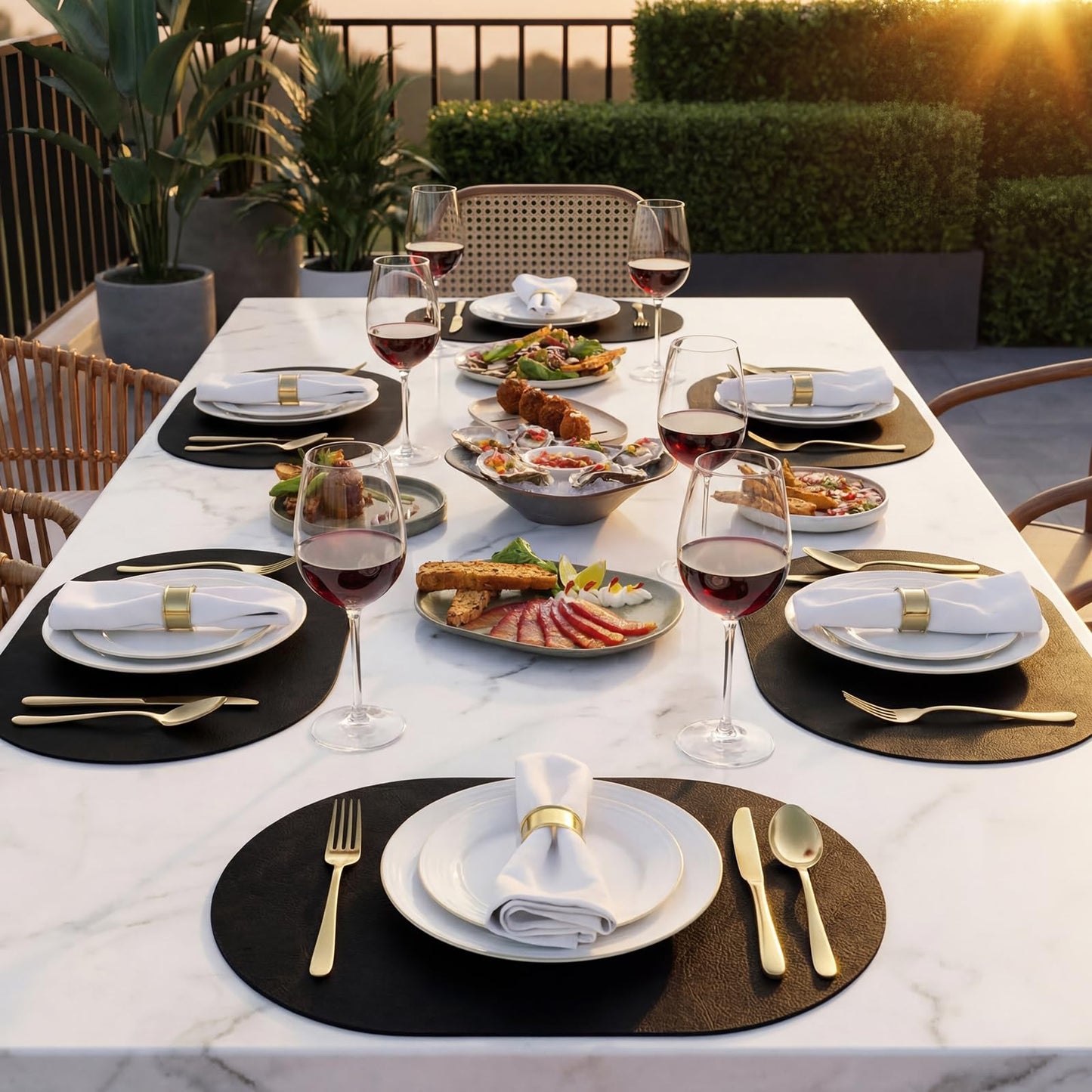 BIPASION Oval Placemats 2mm Ultra Thick Faux Leather Table Mats, Heat Resistant Waterproof Wipeable Dining Mats for Kitchen Table, Set of 8, Black