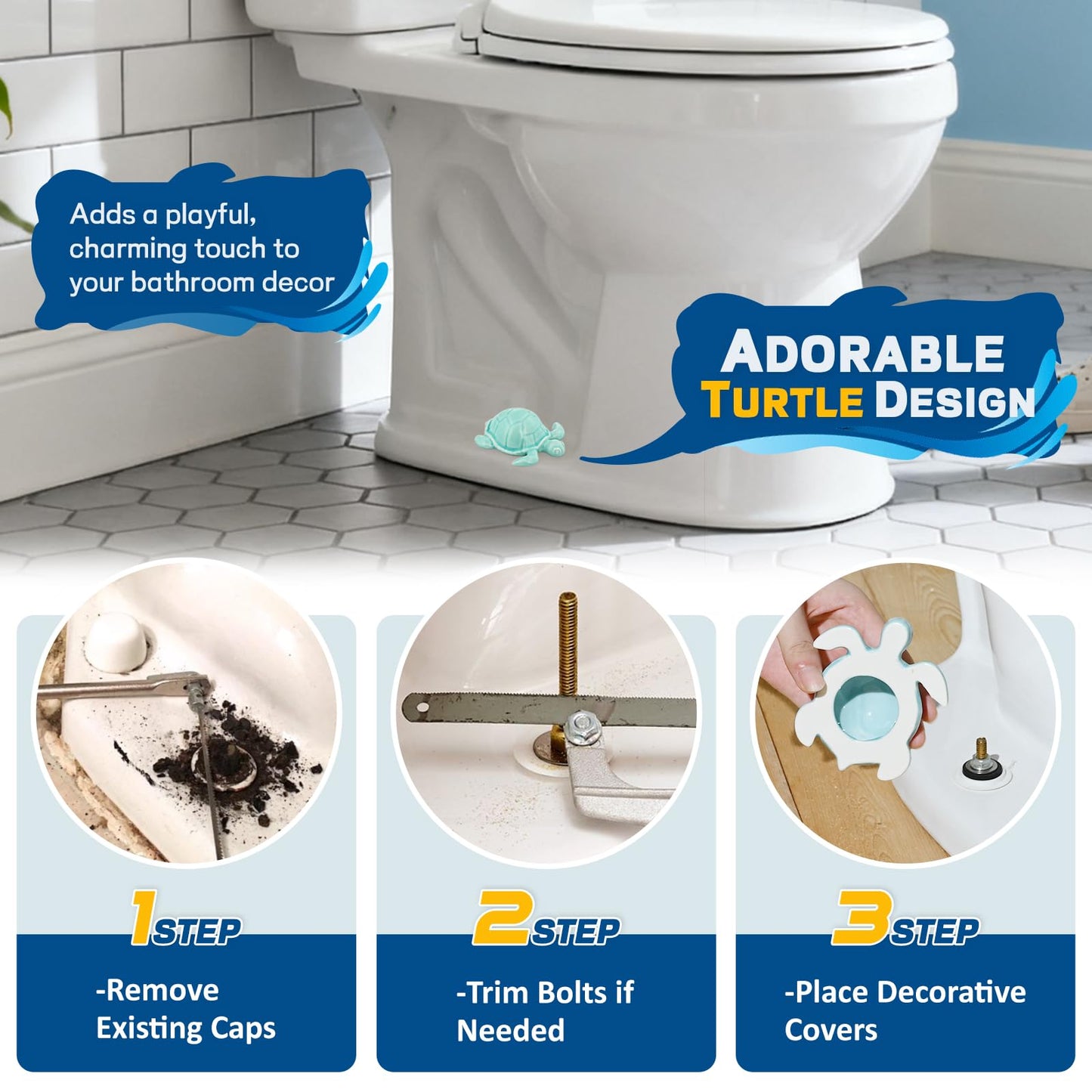 NEEXAN 2 Blue Ceramic Turtle Toilet Bolt Covers Decorative with 4 Universal Toilet Screw Cover Caps, Easy-Install Toilet Caps for Bottom of Toilet, Cute Bathroom Décor & Gift Set