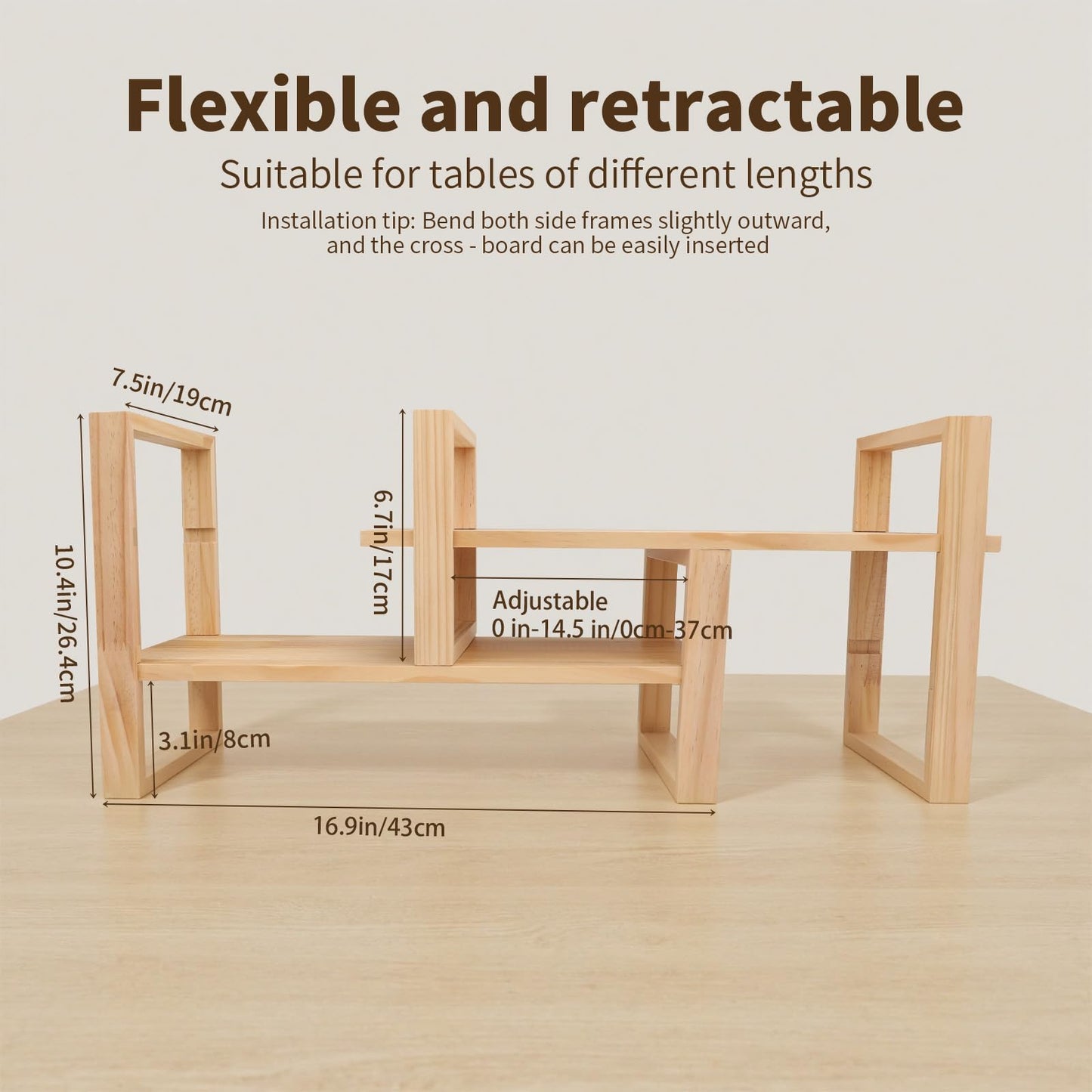 Desk Shelf, 100% Solid Wood Adjustable Desktop Bookshelf, No Tools or Nails Required Retro Tabletop Bookshelf, 130lb Load Capacity for Living Room, Office, for Books, Cookbooks,Nature Pine Color