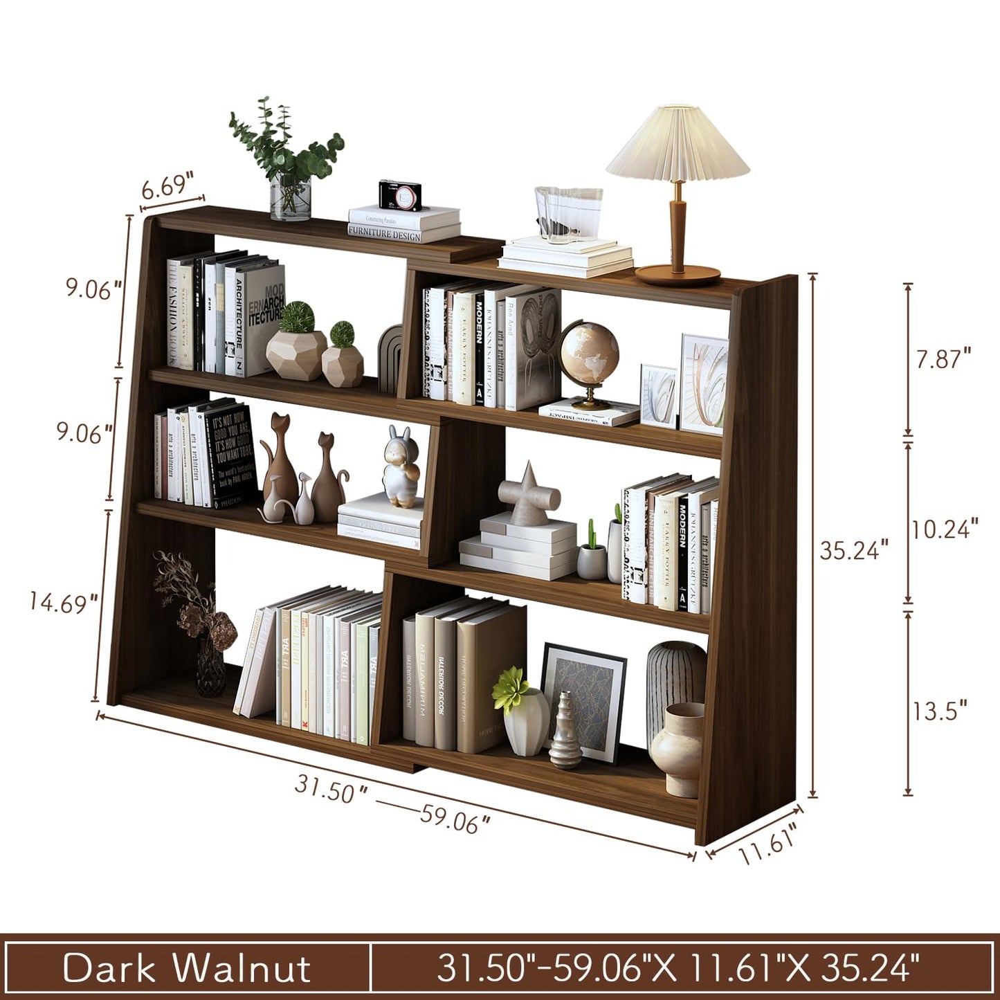 IOTXY Wooden Extendable Shelf Bookcase - 3-Tier Ladder Low Short Bookshelf for Small Space or Corner, Dark Walnut, L