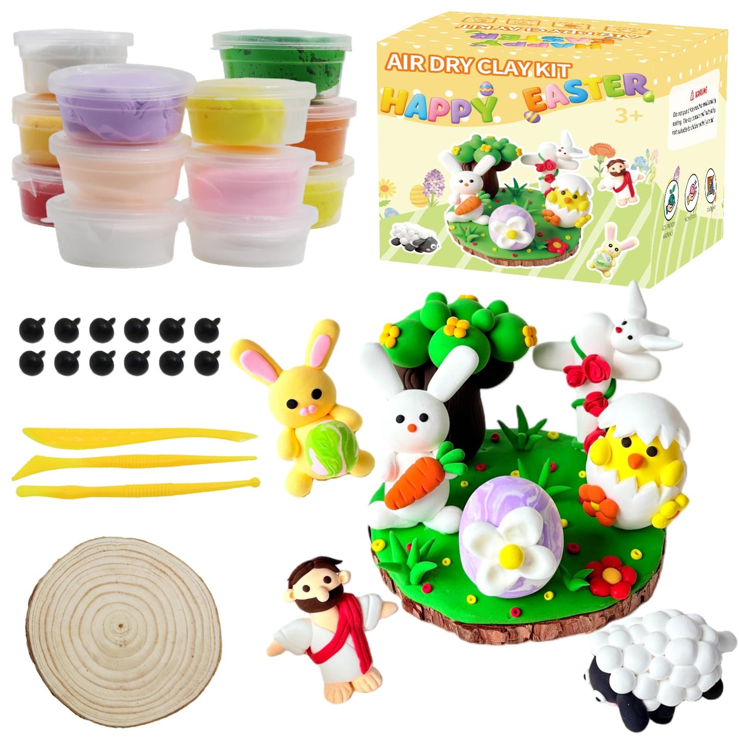 LAHAND Easter Air Dry Clay Kits for Kids,DIY Model Magic Clays,Jesus,Bunny,Eggs Craft DIY kit, This Clay Sets Can be Used as Easter Basket Stuffing or Classroom Party Favors