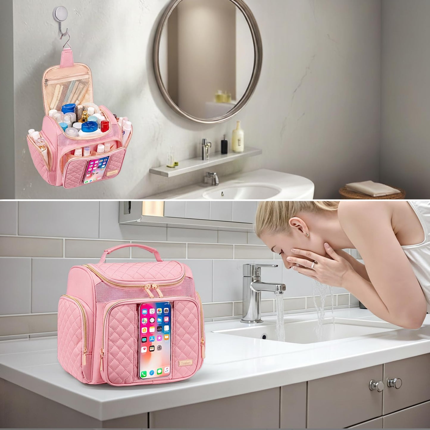 Tealari Large Toiletry Bag for Women Men,Bathroom Bag,Water Resistant Shower Bag,Makeup Bag,Portable Shower Caddy for College Dorm,Hanging Travel Toiletry Bag with Transparent Waterproof Phone Pocket