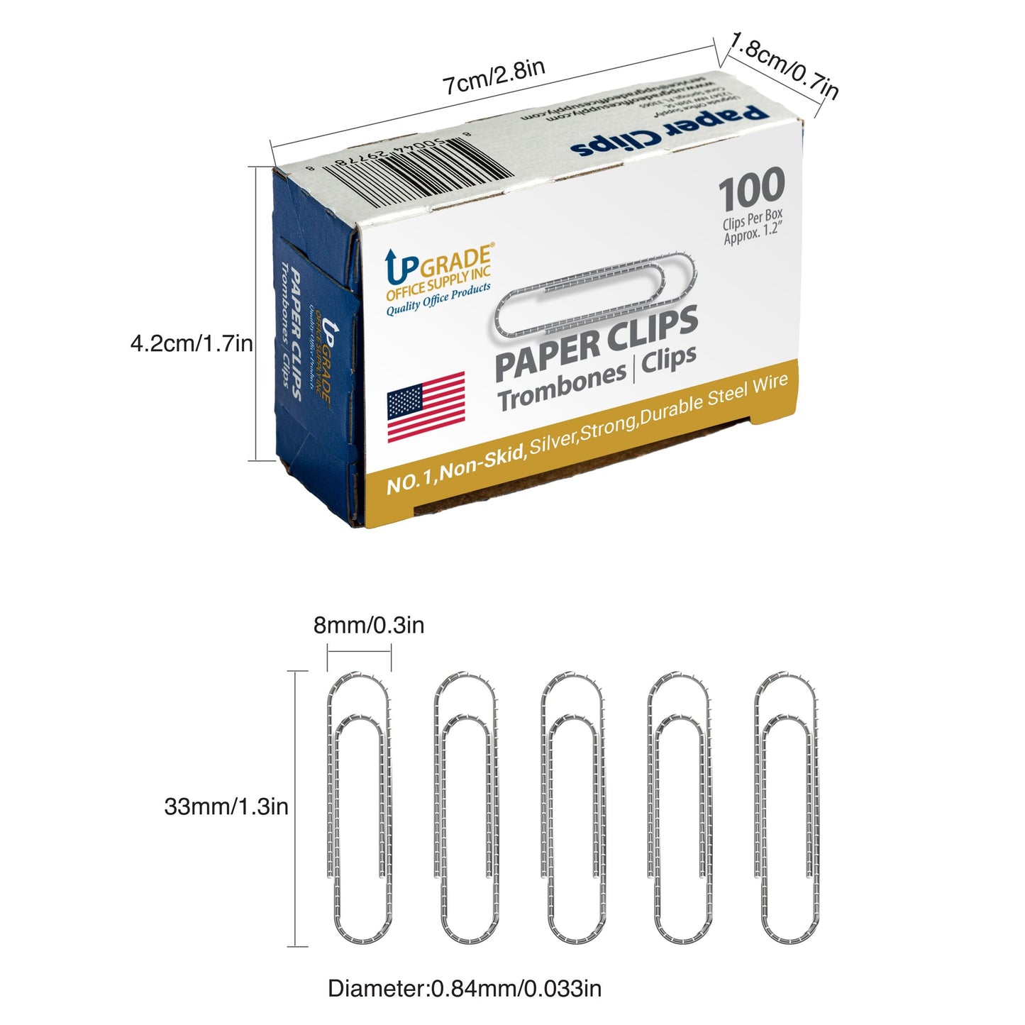Upgrade Office Supply No. 1 Non Skid Paper Clips, 1.2 Inch, 3000 Count (30 Boxes of 100), Silver, Made in USA