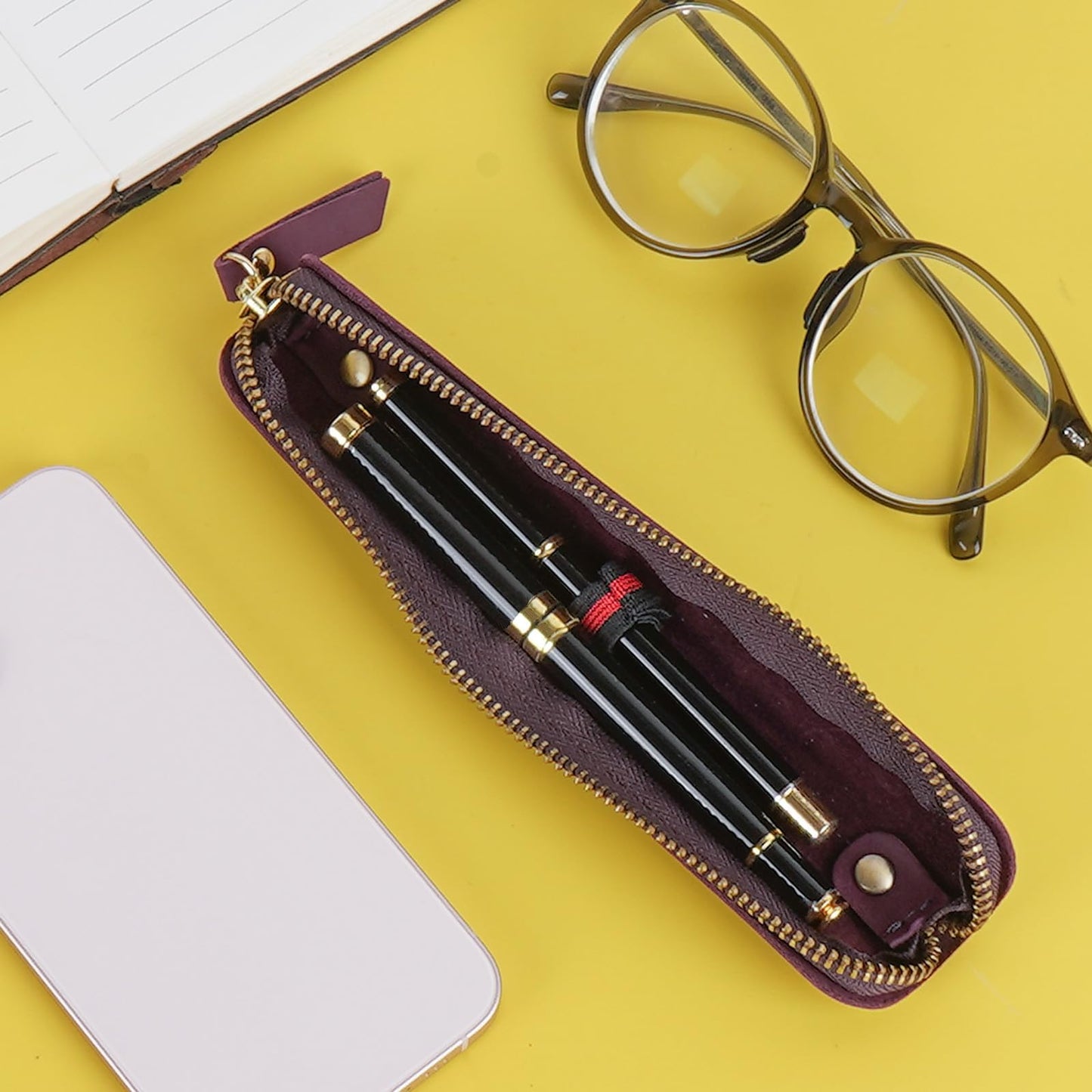 JANKOW Crazy Horse Leather Zipper Pen Pouch Handmade, Single Pen Case Fountain Pen Sleeve Holder Pouch Cover Vintage, Mini Pencil Bag (Purple)