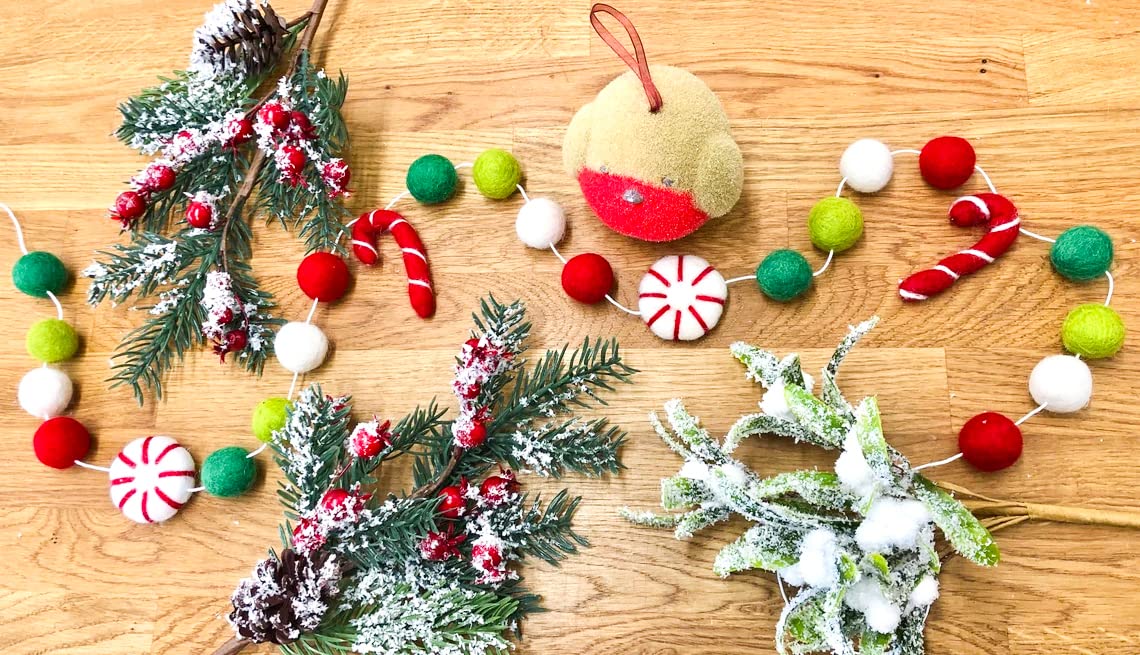 Christmas Felt Ball Garland - Peppermints Candy Cane Pom Pom Garland, Hand-Made from Natural Wool - Cute Hanging Decor for Christmas Tree, Kids Bedroom, Living Room, Nursery Decoration- 6.56 Feet Long