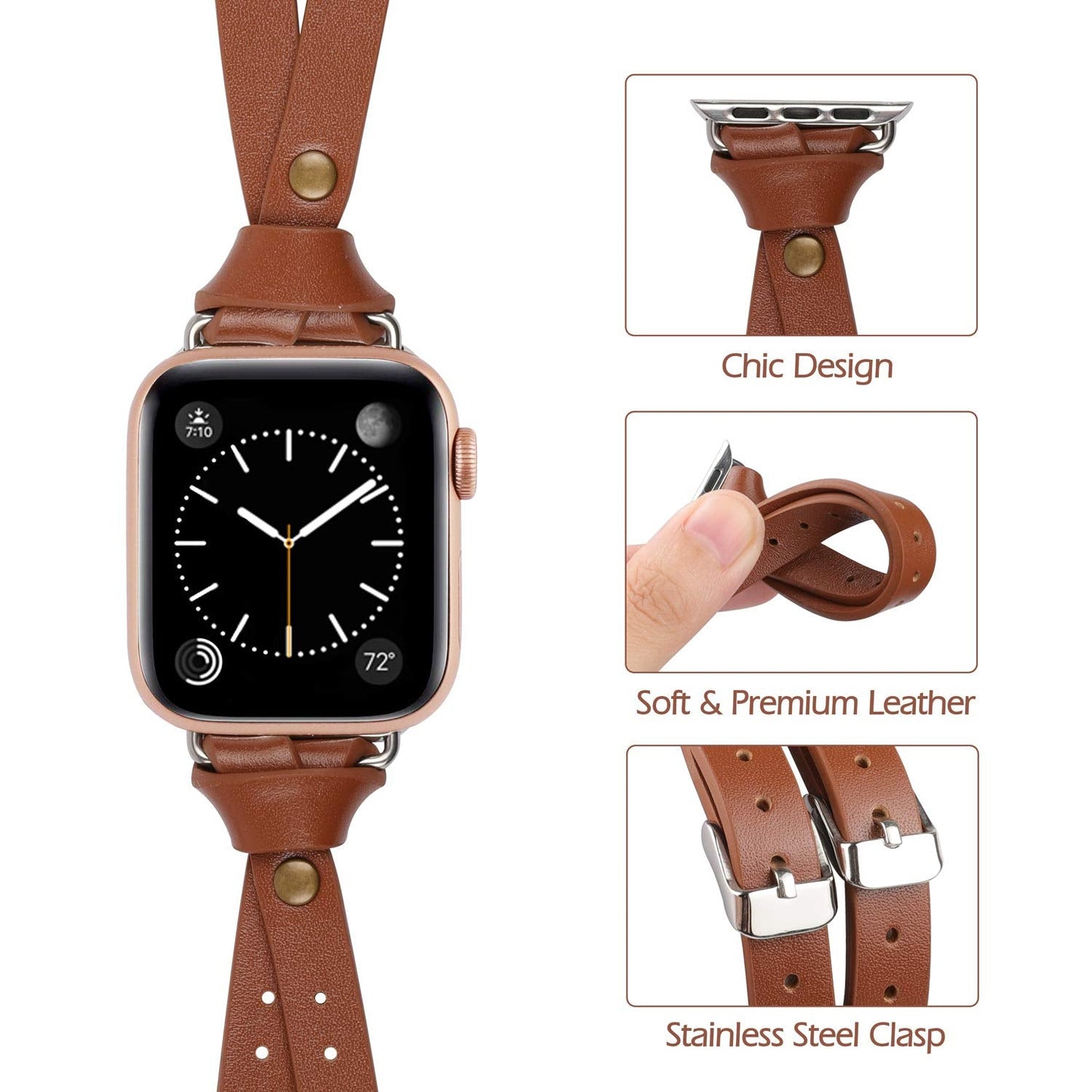 Minyee Leather Band Compatible with Apple Watch Bands 38/40/41/42mm Women, Slim Double Knotted Fasten with Rivet Stylish Dressy Strap for iWatch Series 11 10 9 8 7 6 5 4 SE/Ultra 3 2 1, Light Brown