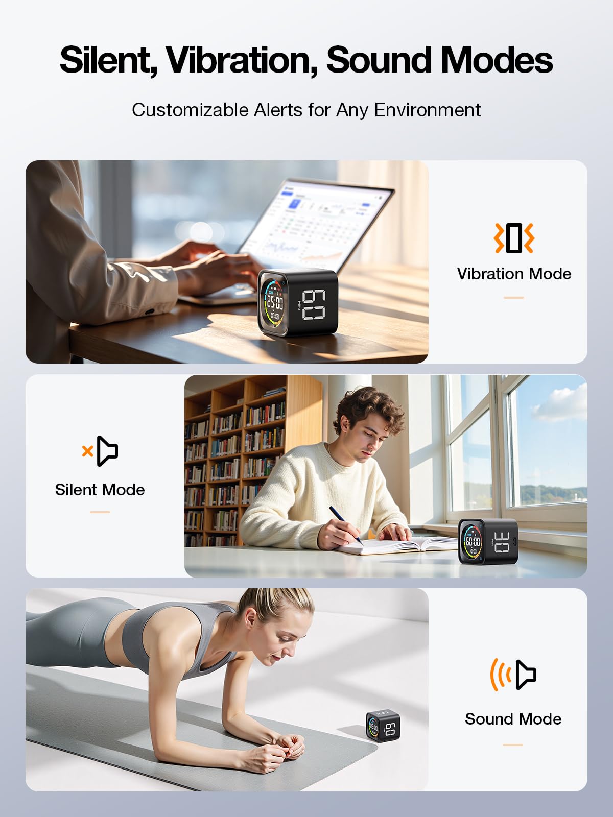 TK3 Pomodoro Timer Cube, Desk Productivity Timer with 5/10/30/60 Min Presets, Custom Countdown, Stopwatch, Clock, 3 Alarm, Silent, Vibrate & Sound Mode, for Task, ADHD, Study, Kitchen,Obsidian Black