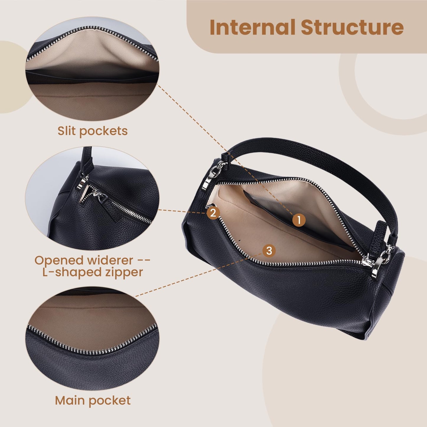 Rosvovo Genuine Leather Purses for Women, Real Leather Women's Crossbody Bag Shoulder bag Handbags Hoho bag with Adjustable Strap, balck,