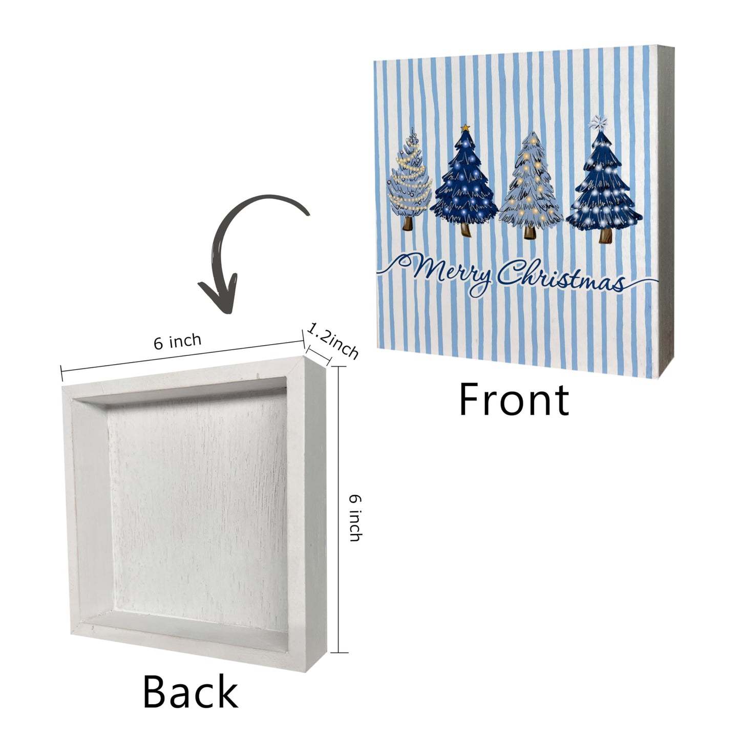 KEUSPI Navy Blue Merry Christmas Tree Wooden Box Sign, Christmas Tree Decor, Xmas Navy Blue Striped Winter Wood Box Block Sign for Home Office Desk Tabletop Shelf Decoration 5x5 Inch
