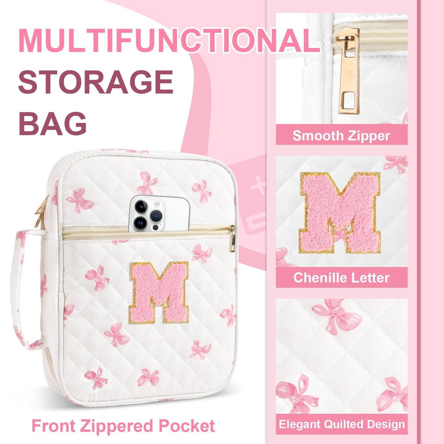 Personalized Initial Bible Cover Case for Women Girls Kid - Large Quilted Bible Case with Handle, Stylish Chenille Letter Bag Study Supplies, Perfect Christmas Gifts for Christians Women (Pink Bow-M)