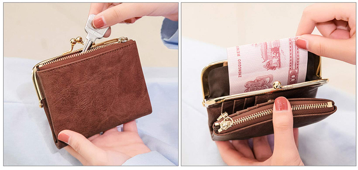 PofeeXIO Womens Wallet RFID Small Compact Bifold Leather Vintage Wallet,Ladies Coin Purse with Zipper and Kiss Lock (Brown)
