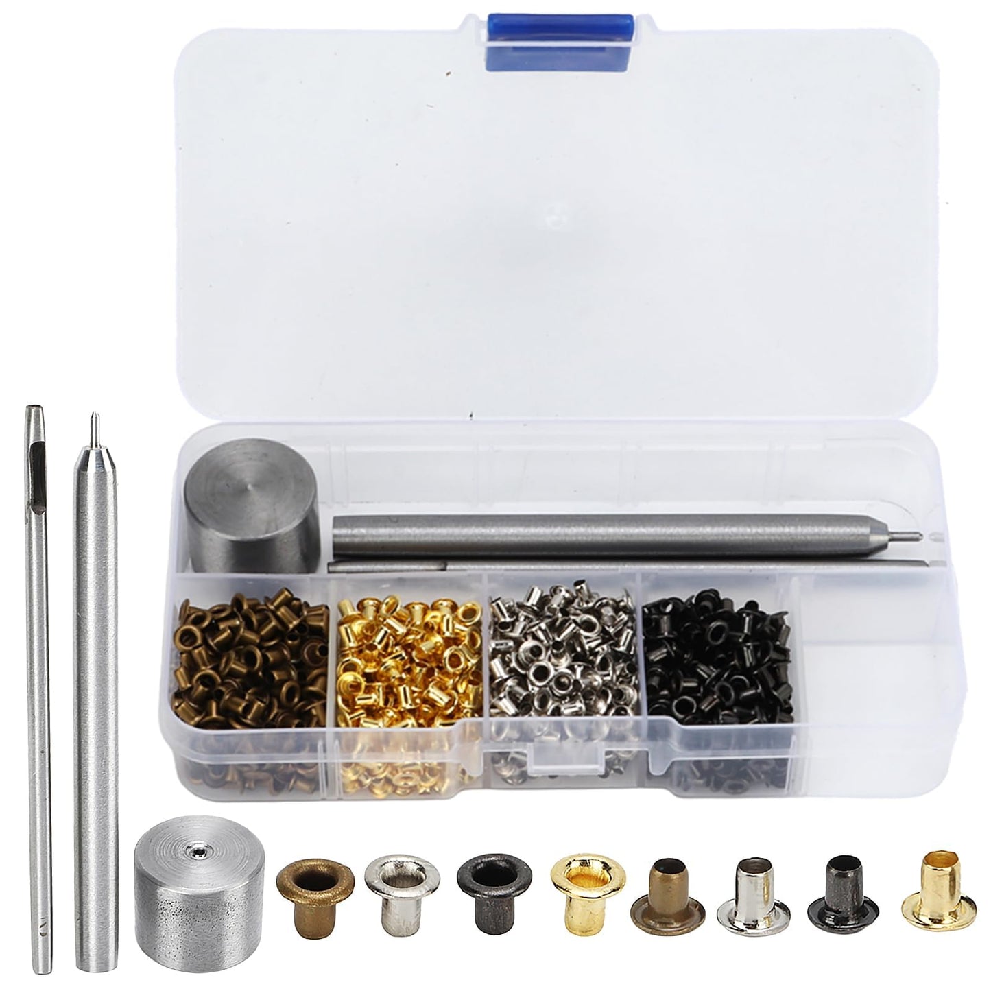 Mini Grommets, 2mm Plated Copper Metal Grommet Kit Eyelet Washers Fastener Set with Plastic Storage Box for Clothes Shoes Bag Paper Leather Crafts DIY Projects