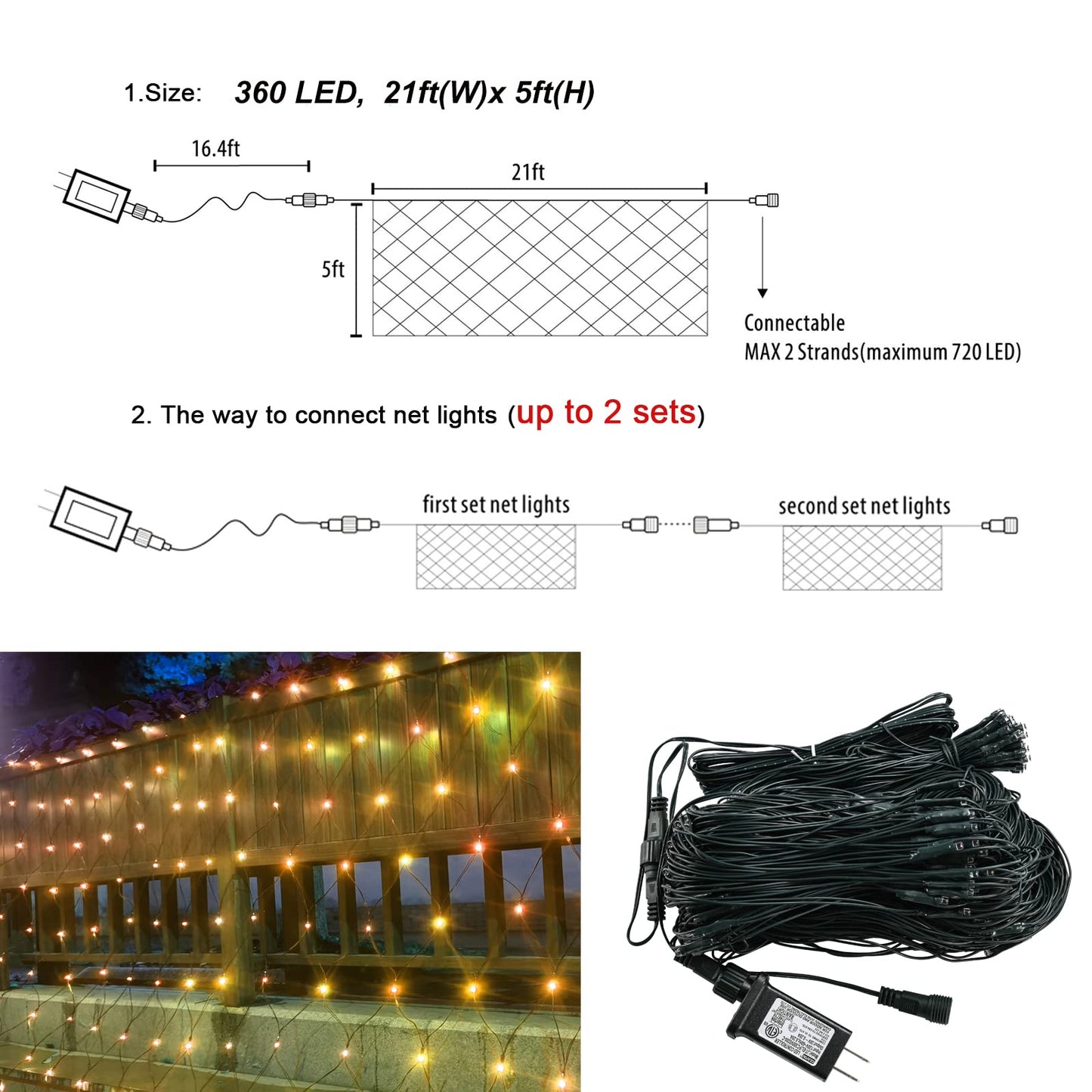OYCBUZO 360LED Net Lights, 21ft x 5ft Connectable Christmas Outdoor Mesh Lights with Timer & 8 Lighting Modes, Waterproof String Light Plug in for Xmas Tree Bushes Garden Holiday Party - Warm White
