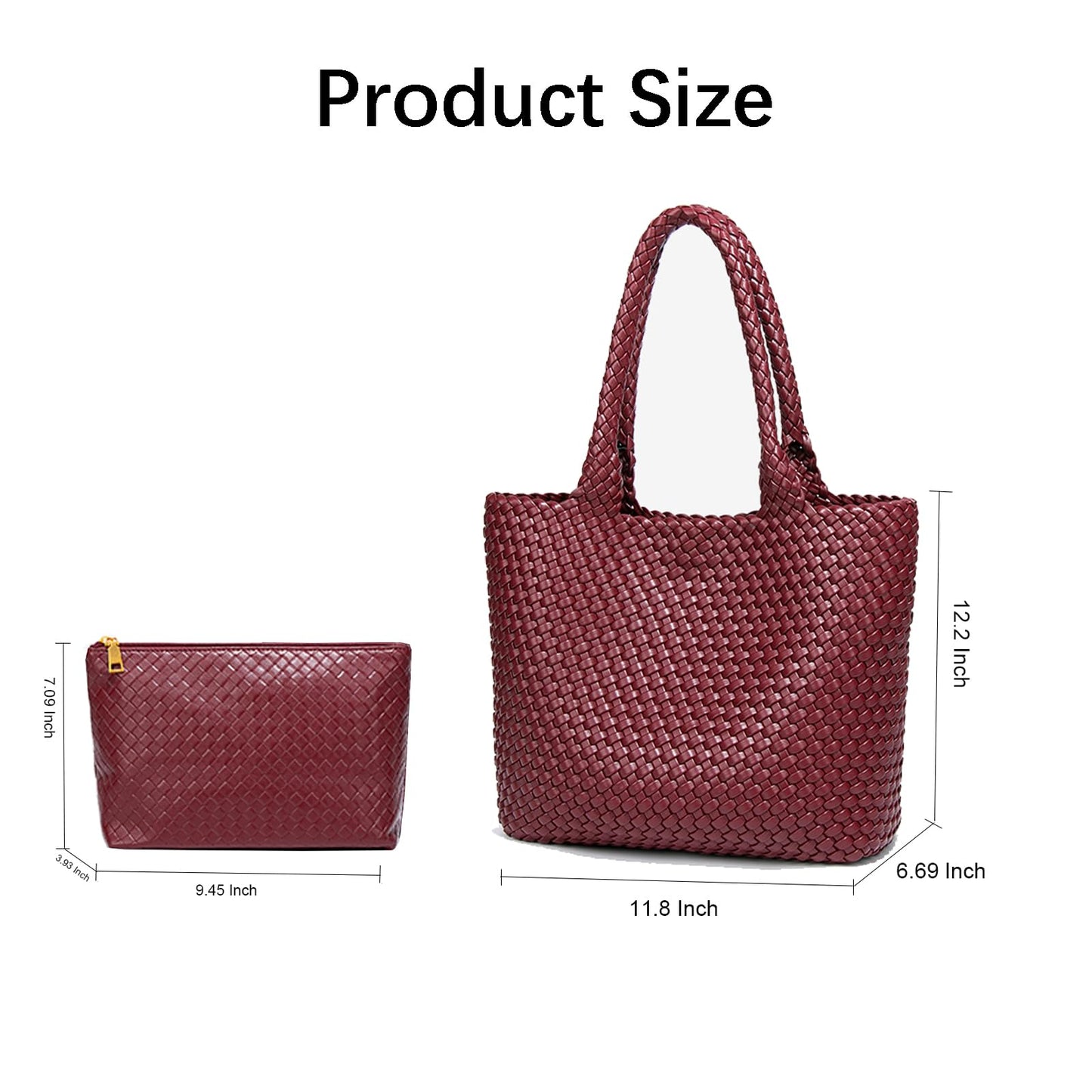 SporGenius Woven Tote Bag for Women, Vegan Leather Handwoven Bags with Small Handmade Purse, Large Travel Braided Top Handle Handbags (Burgundy)