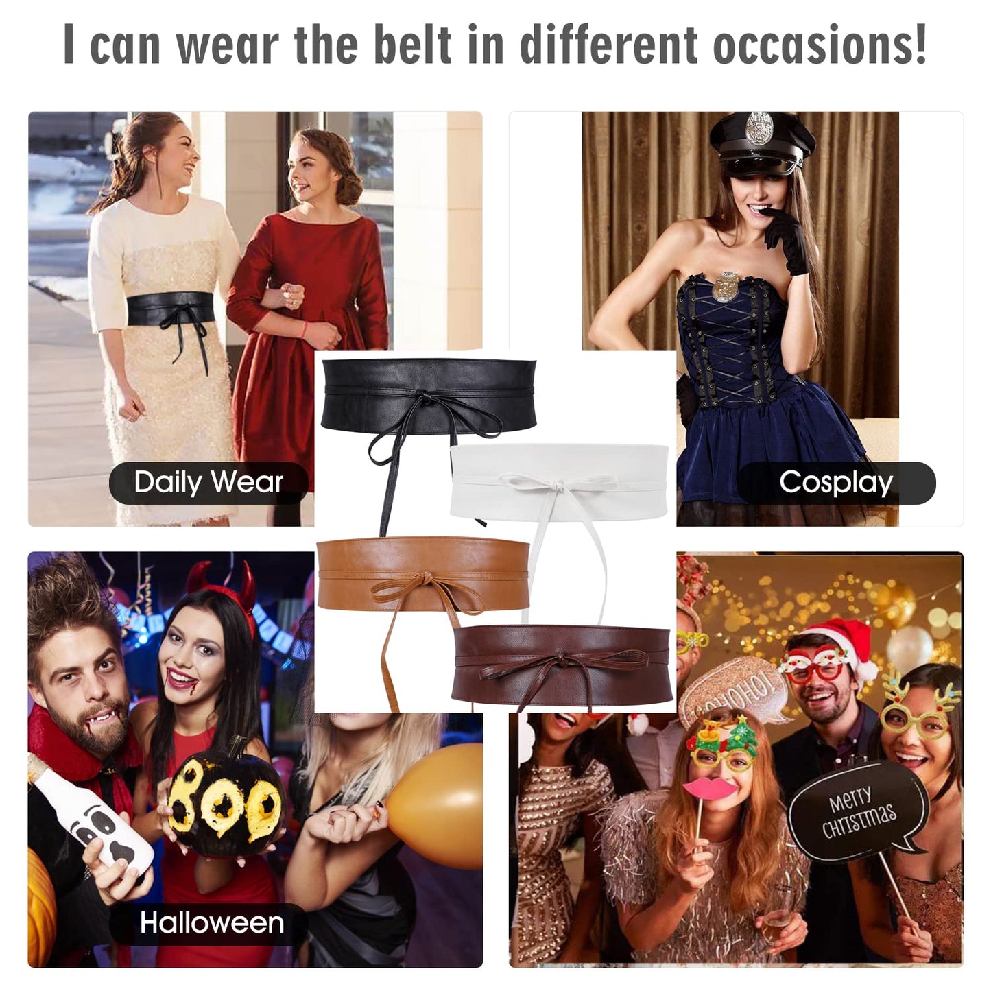 4 Pack WERFORU Women Obi Belt PU Leather Self Tie Wrap Wide Waistband Boho Belt for Costumes, Black+White+Brown+Coffee, Suit for Waist Size 25"-32"