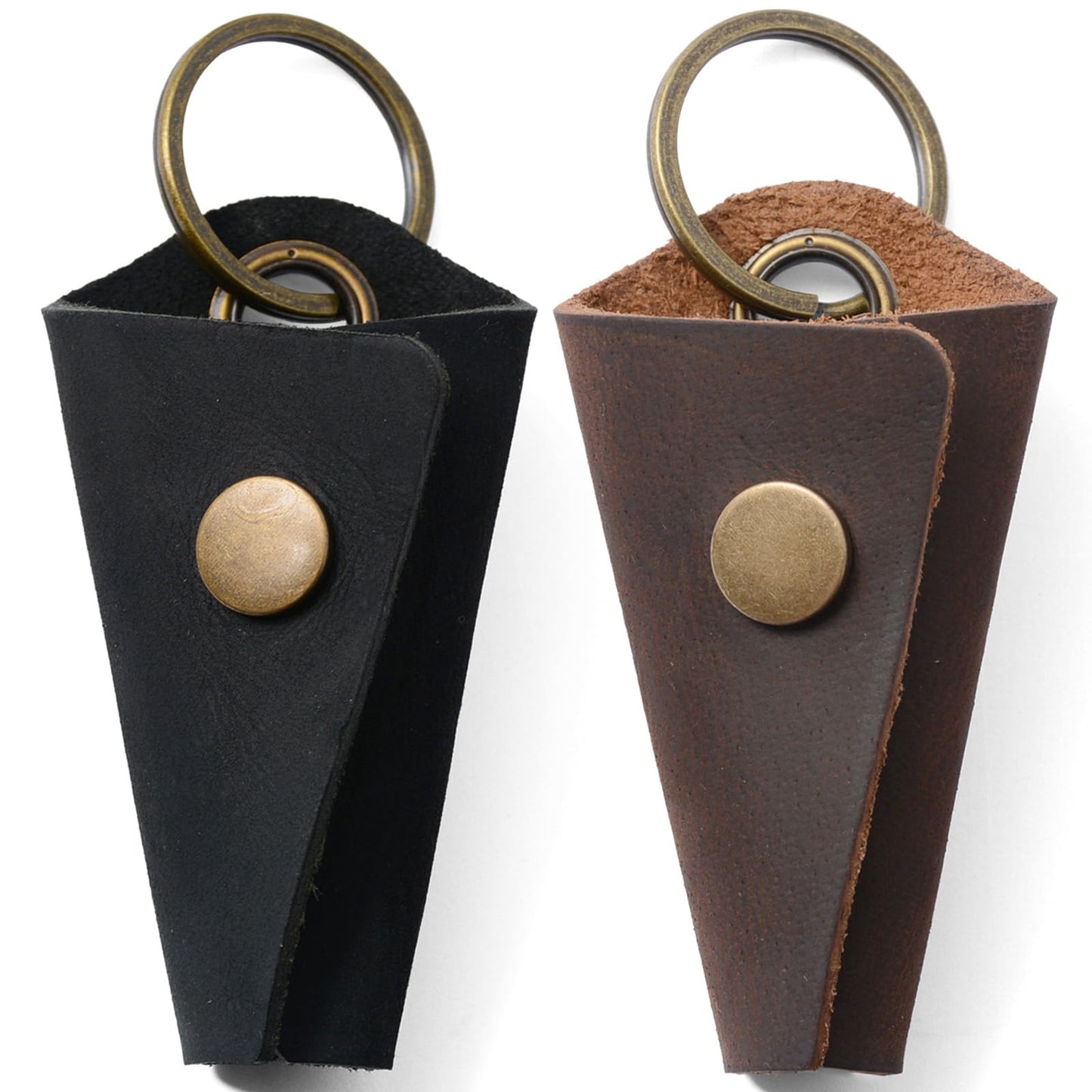 2-Pack Handmade Crazy Horse Leather Wrap Keychain with Snap Closure, Key Ring Cover and Silencer Sleeve - Men's Key Organizer (Black/Dark Brown)
