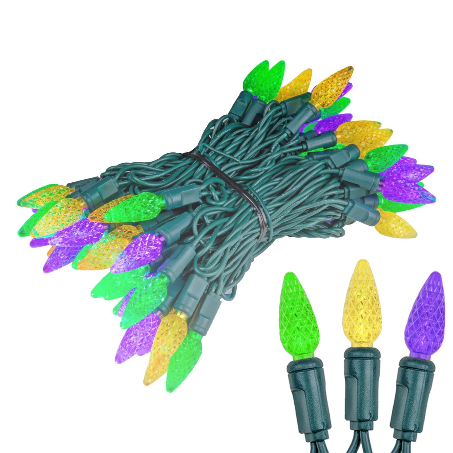 Novelty Lights 24FT 70 Light Purple Green and Yellow LED Mardi Gras Lights, C6 Bulbs, Connect up to 43 Sets, Indoor/Outdoor Use