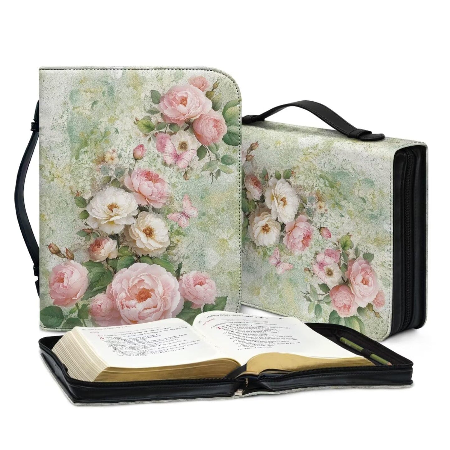 WUYOJUXA Pink Flower Print Bible Carrying Case for Girls Book Protector for Book Lovers Bible Study Supplies Accessories Christian Gifts for Women Large Quilted Bibles Case with Handle-L
