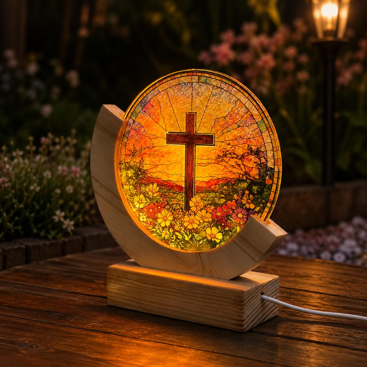 Christian Cross Stained Glass Night Light – Warm LED Glow, USB Powered, Solid Acrylic Plate with Wooden Base – Religious Home Decor Gift for Mom, Women, Christians, Easter, Christmas, Mother's Day