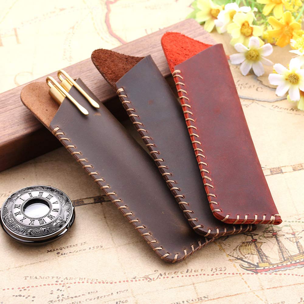 aolaso Handmade Leather Double Pen Case Crazy Horse Leather Fountain Pen Pouch Protective Sleeve Cover- Gift for Christmas