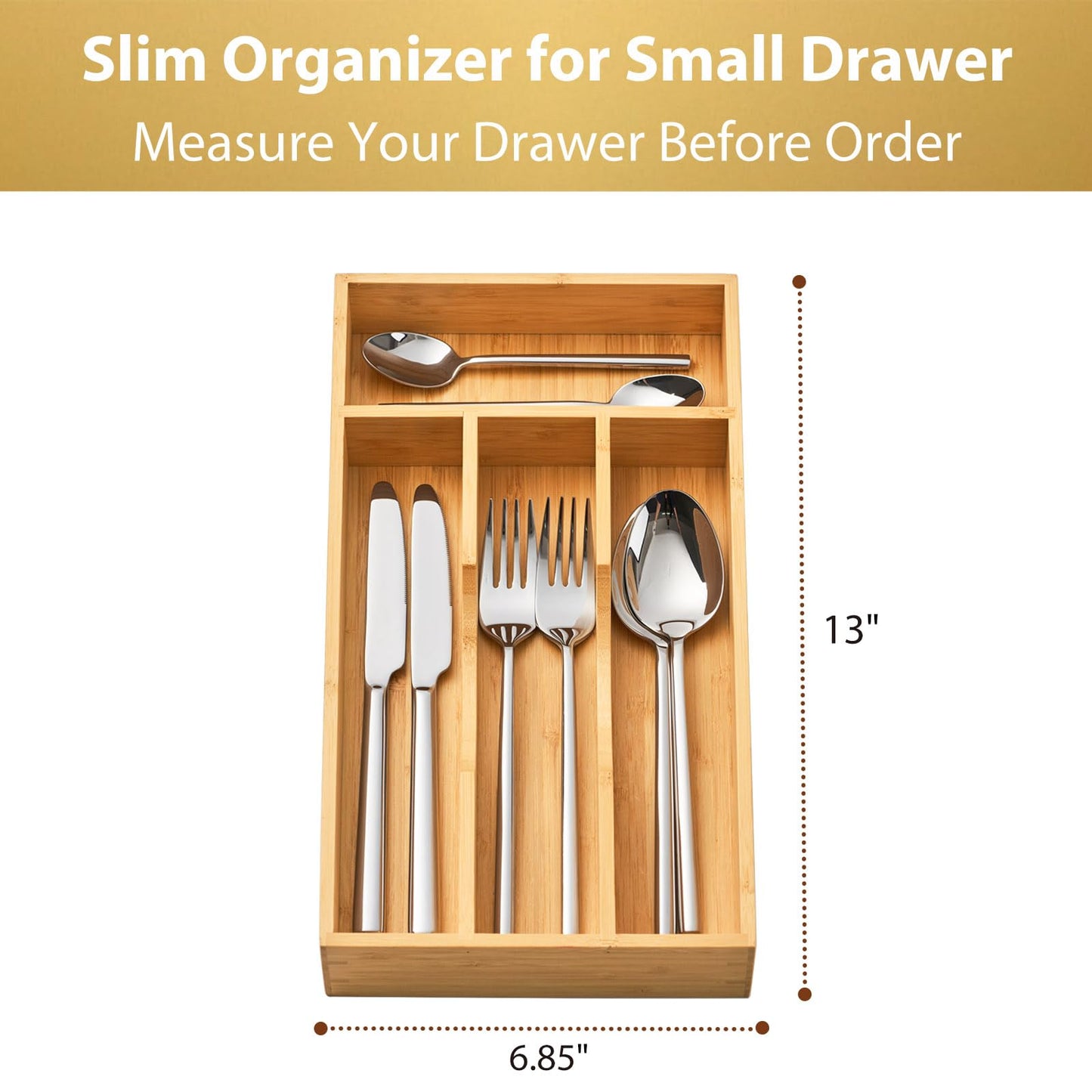 Umilife Bamboo Kitchen Drawer Organizer, 7 Inch Silverware Utensils Tray Holder for Small Drawer, Wood Caddy for Flatware Cutlery Knives