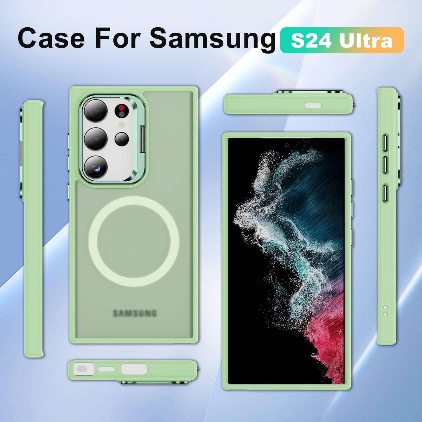 TORRTOWAY for Samsung Galaxy S24 Ultra Case with Magnetic Compatible with MagSafe Built-in Kickstand Stand Shockproof Protective Cover for Galaxy S24 Ultra Phone Case (Light Green)