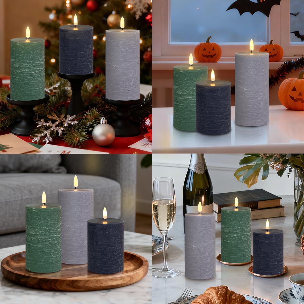 LEDHOLYT Rechargeable Flameless LED Pillar Candles–Luminous Real Wax Indoor Home Decor–Set of 3, Realistic Flickering LED Flame,Remote & Timer, USB-Rechargeable(Verdant & Ash Tones)