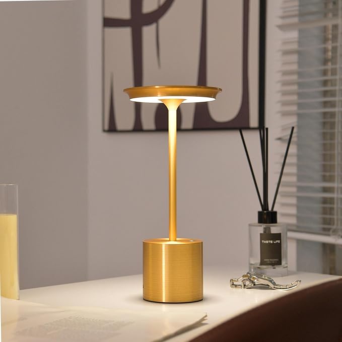 Cordless Table Lamp,Rechargeable 6000mAh Battery Operated Portable Table Light, 3 Color Stepless Dimmable Battery Lamps, LED Table Light for/Restaurant/Outdoor/Patio(Gold)