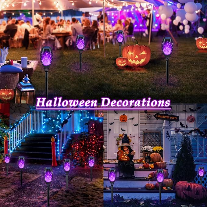 KYEKIO 16Pack Purple Halloween Yard Decorations Outside, Solar Powered Outdoor Lights with Flickering Flame for Outside Halloween Decorations, Solar Garden Lights Outdoor Waterproof for Patio Decor