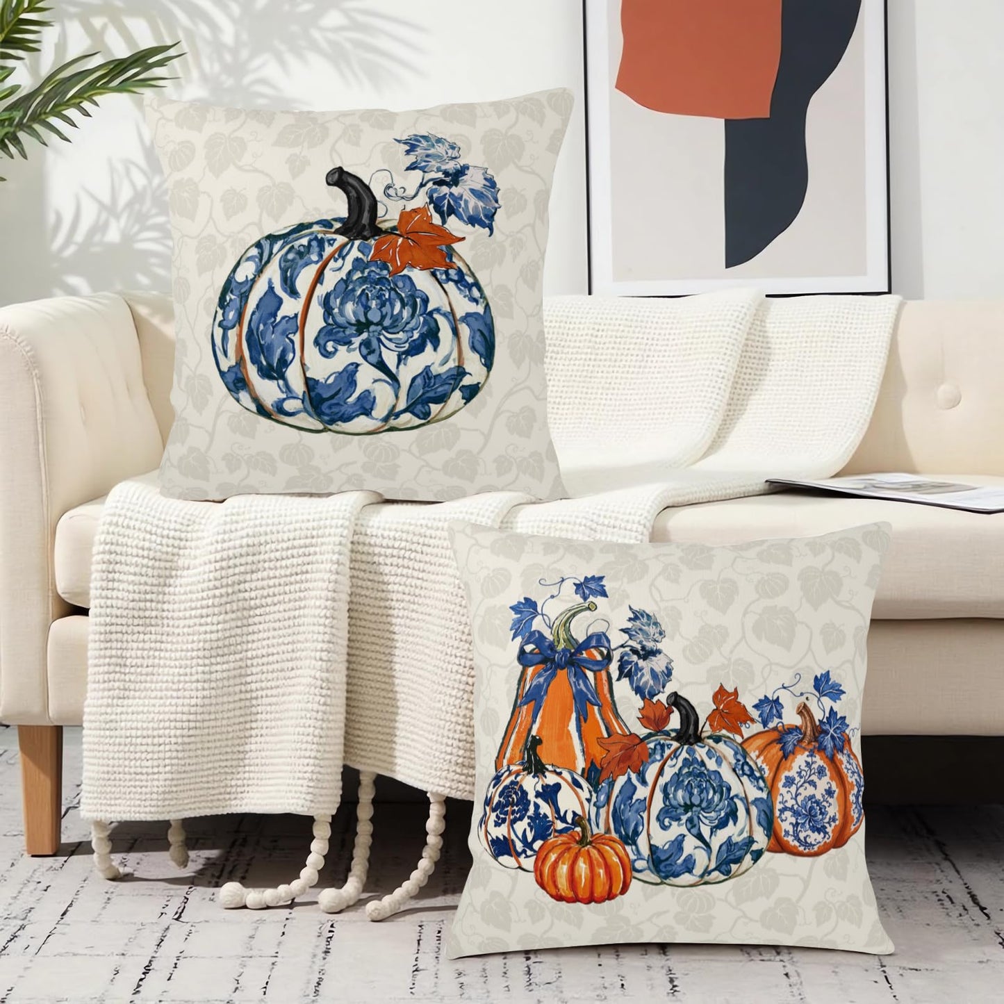 ABSOP Fall Orange Blue Pumpkin Pillow Covers 18x18 Inch Autumn Decorative Throw Pillow Covers Set of 2 Thanksgiving Harvest Pillowcases for Soft Couch Room Decor