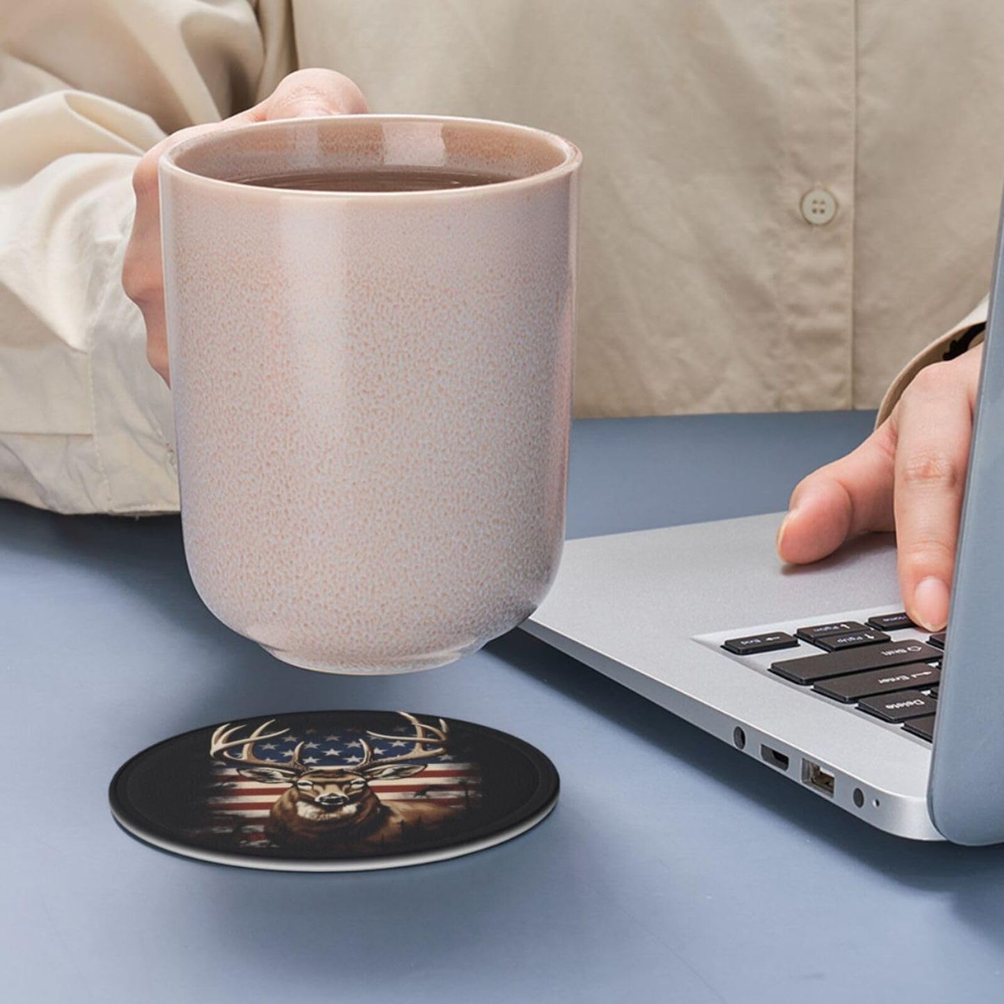 Neukim 6 Pcs American Hunting Deer Leather Coasters for Drinks with Holder Round Mug Mat Table Desk Coasters Set Cup Coasters for Living Room Kitchen Coffee Decor