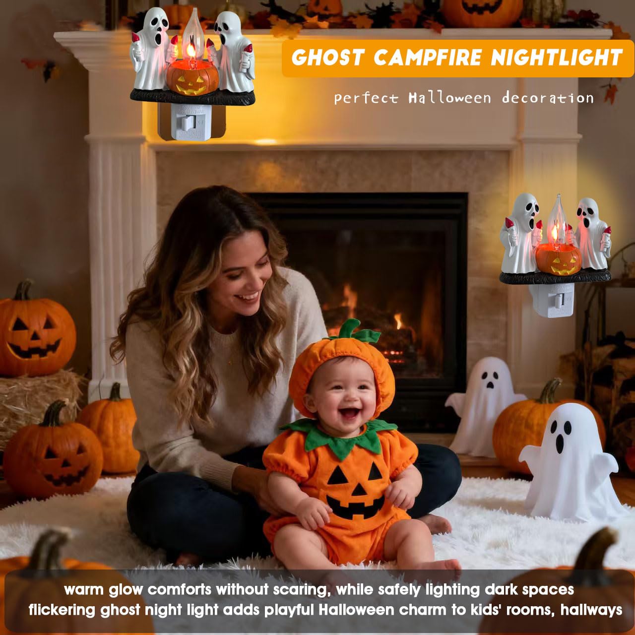 nlaa Ghost Campfire Nightlight,Halloween Campfire Flickering Night Light,3D Spooky Fire Marshmallow Night Light for Halloween Decor (Torch Ghost)