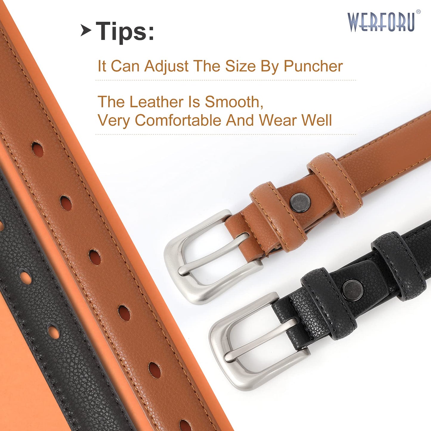 WERFORU 2 Pack Women Leather Belt for Pants Jeans Skinny Waist Belts for Dress Casual Ladies Belt Solid Pin Buckle