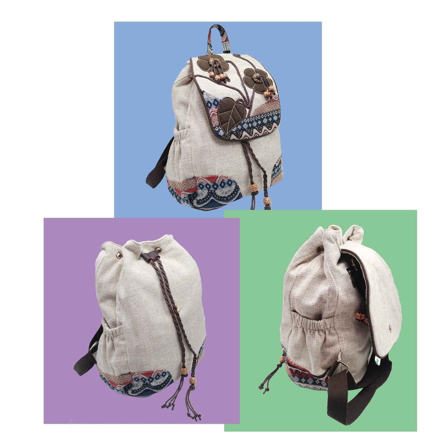 HUANGGUOSHU Backpack Purse For Women Casual Vintage Drawstring Back Pack Bohemian Travel Boho Hand-Held Flap Hand-Embroidered Backpack