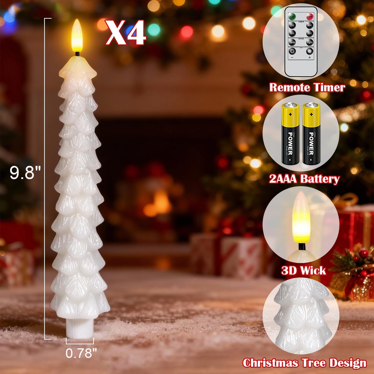 GenSwin Christmas Tree Flameless Candles with Remote Timer, White Christmas Tree LED Taper Candles with 3D Flickering Flame, 4 Pcs LED Candlesticks for Christmas Winter Home Decoration(0.78” x 9.8”)
