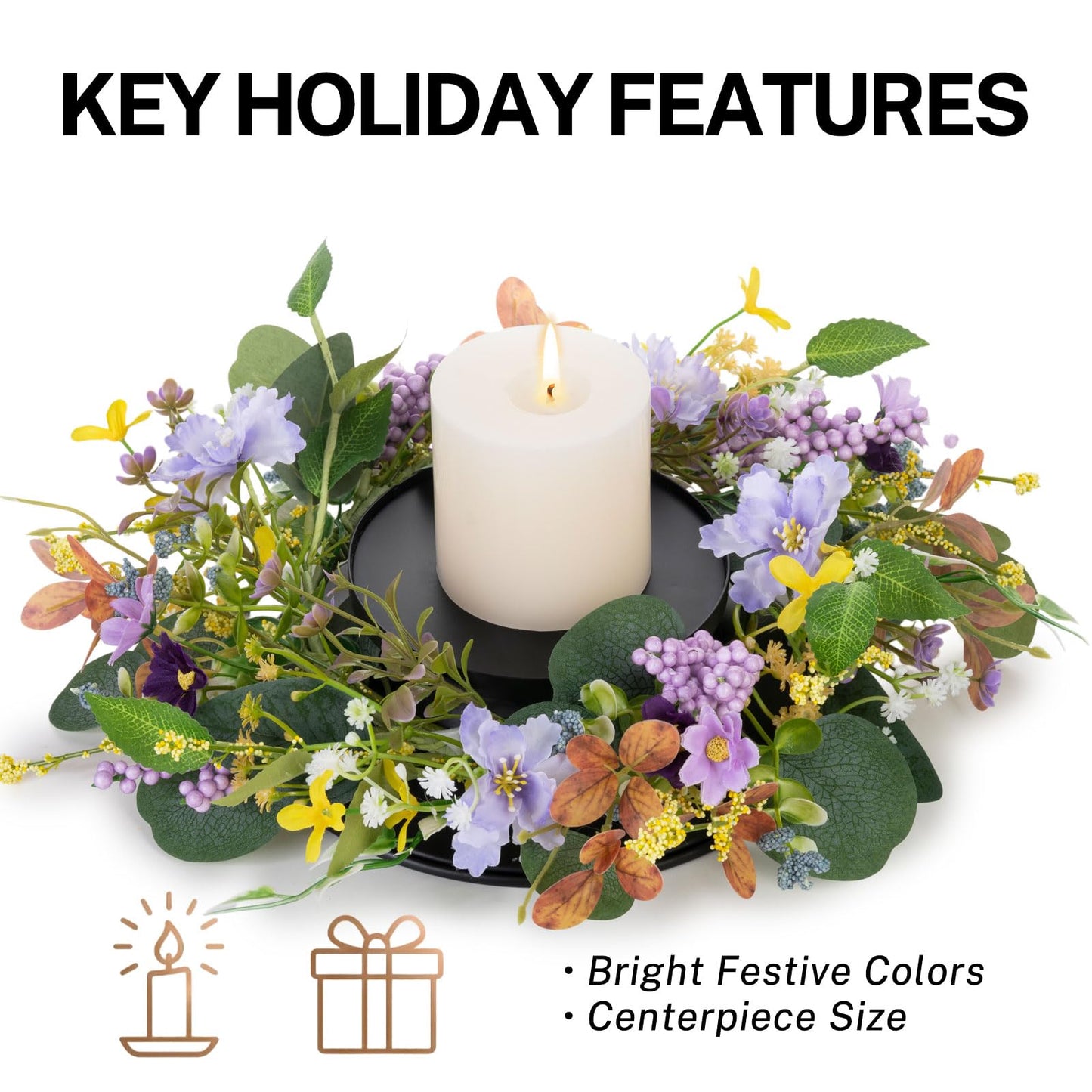 MOYEE Summer Centerpieces for Tables Candle Ring, Black Metal Candlestick with an Artificial Wreaths 14 in Versatile Dining Table Centrepiece (Purple Foam Flower Wreath)