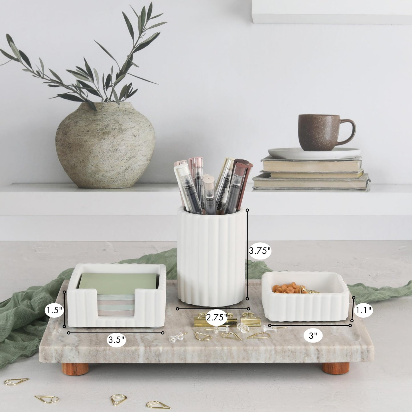 KIBAGA Modern Aesthetic Desk Accessories Set of 3 - Stylish Concrete Organizers for Pens & Office Supplies - A Cute and Functional Addition to Your Workspace Decor